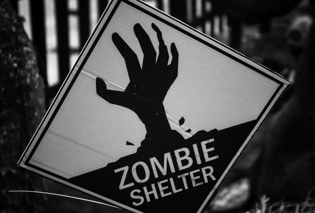 Sign that reads 'Zombie Shelter'