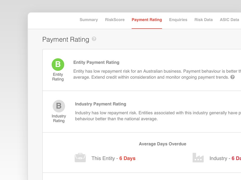 View of CreditorWatch Payment Rating Screen
