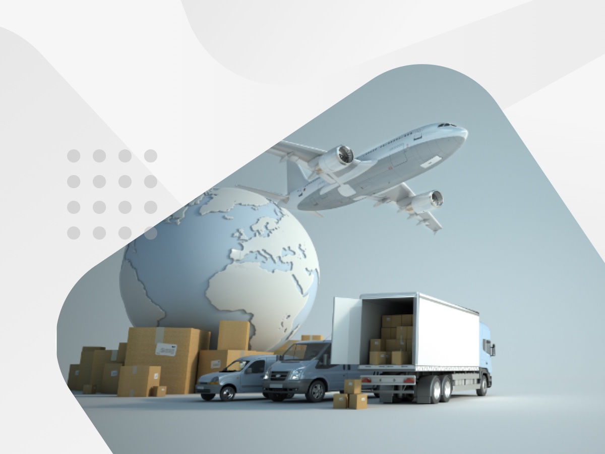 3D rendering of a truck and plane flying over a globe, showcasing global transportation and connectivity.