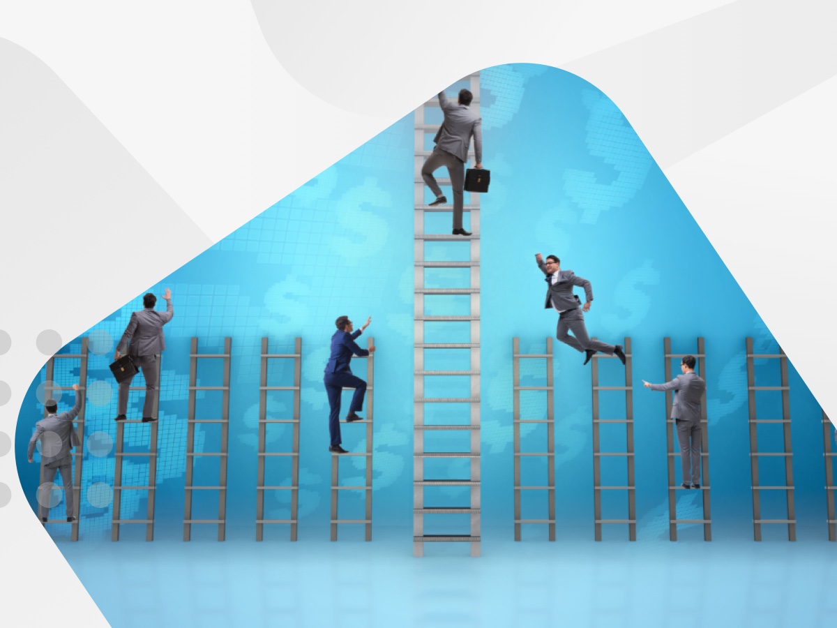 Six business men climbing ladders