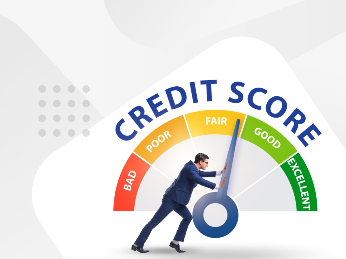 credit score scale with a business man pushing it